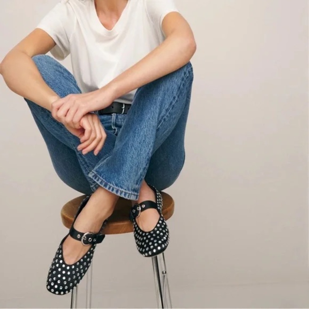 Reformation Bethany Ballet Flat in Black With Rhinestones